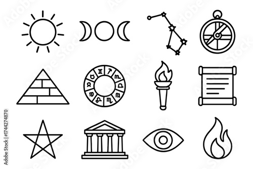 Mystical line icons: sun, moon, constellation, zodiac, ancient symbols