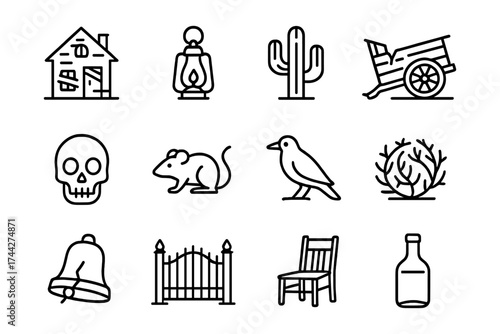 Vintage western icons: line art sketch collection