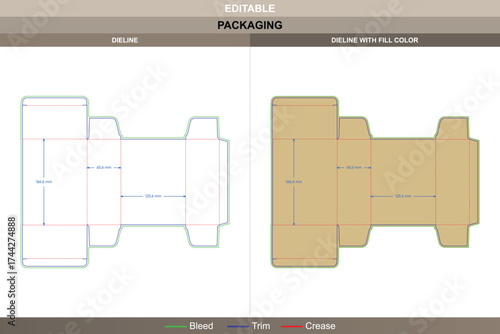 Tuck end boxes reverse dieline, editable packaging template with fold structure and die line guidance for secure shipping and retail presentation