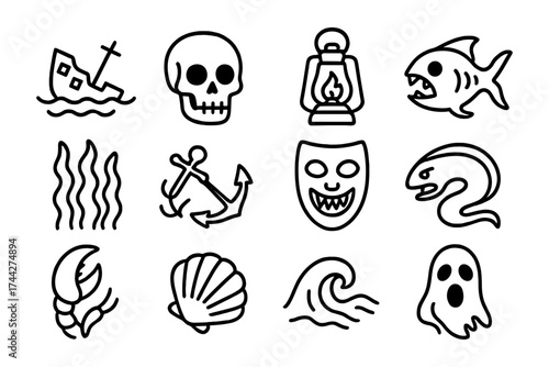 Spooky nautical icons: skull, ghost, anchor, and more in halloween doodle style