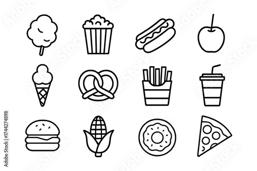 Black and white line icons of popular fast food snacks and treats