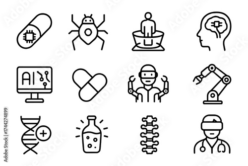 Futuristic technology icons: ai, robotics, healthcare, medicine, and brain interfaces