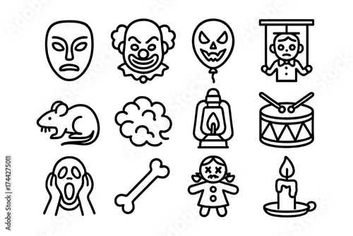 Spooky halloween icon set featuring creepy masks and eerie symbols in black and white line art