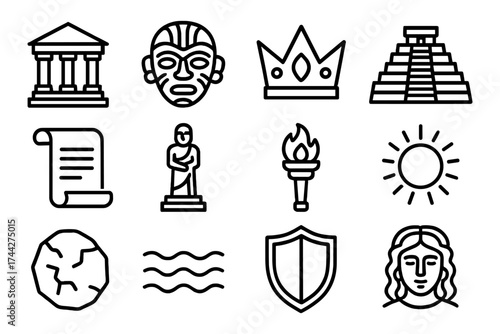 Ancient civilization icons set in linear style featuring architecture, artifacts, and symbols