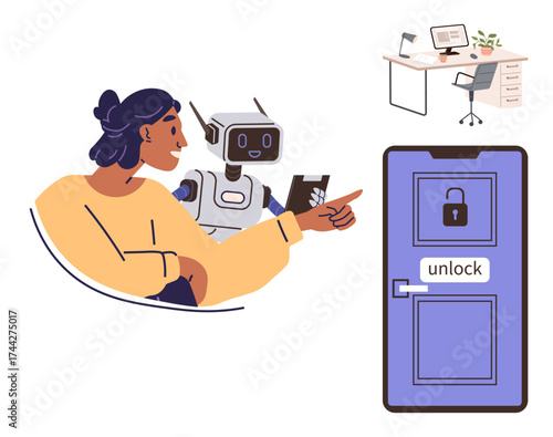 Woman interacting with robot holding phone while unlocking a smart door, with a modern desk setup nearby. Ideal for technology, AI, smart home, digital security, office automation, innovation