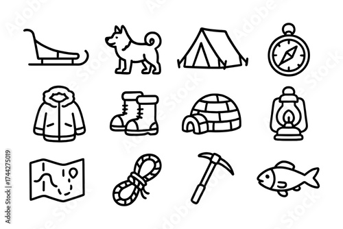 Adventure icons: camping, hiking, and outdoor essentials in bold outline style