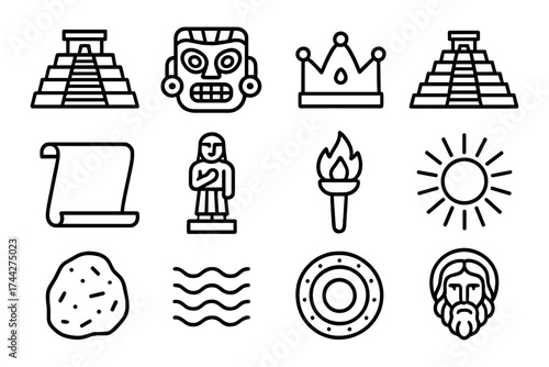 Ancient civilization icons: aztec, inca, maya, and greek symbols in linear style
