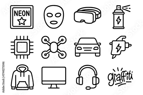 Modern icon set: neon, technology, fashion, and art in bold outlines