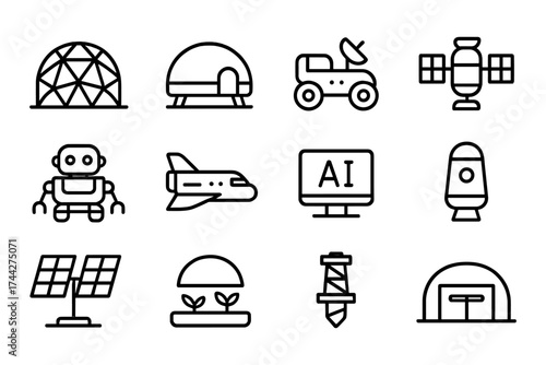 Set of linear icons: space, technology, and renewable energy concepts