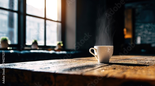 Wallpaper Mural SteamingCoffeeCupOnWoodenTable Torontodigital.ca