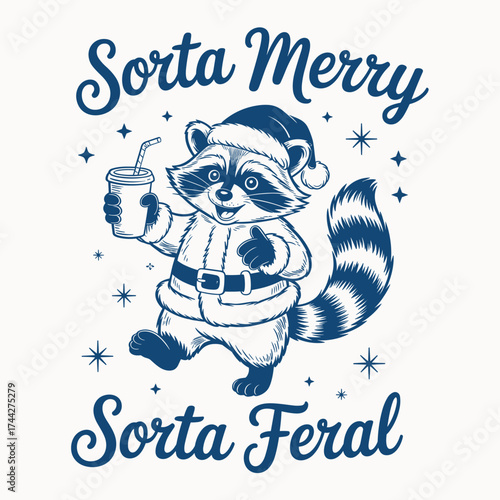 sorta merry sorta feral raccoon christmas tshirt design funny holiday animal artwork festive santa suit retro style
