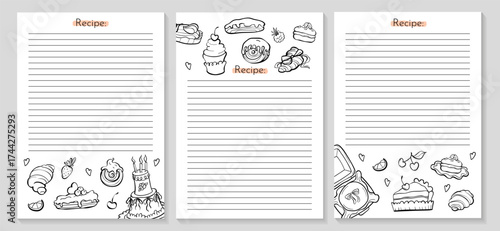 Set of three recipe notebook pages with doodle cake, croissant, berry and dessert. Cute bakery notebook template. Perfect for baking journal, cookbook, or kitchen planner. Vector outline illustration.