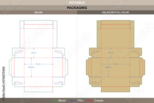 Tuck front mailer flip top box packaging template in custom dimensions featuring professional carton dieline, editable folding structure, and detailed production die line