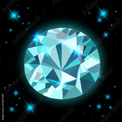 A radiant aqua gemstone radiates with dazzling reflections against a dark cosmic backdrop, glowing with icy brilliance and mysterious elegance