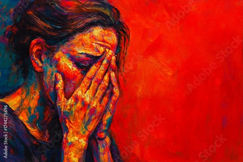 Sad woman covering face in expressive abstract painting, concept of depression, stress, anxiety, grief, and social issues