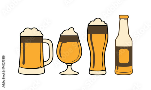 Set of four distinct beer glasses and bottle featuring refreshing golden ale and frothy head vector