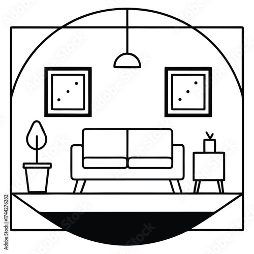 modern living room interior simple line art silhouette vector icon
