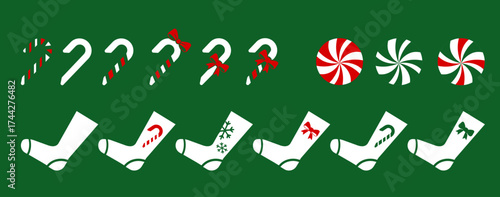 Dulces navideños de bastón y dulces navideños circulares; calcetines navideños con diseños.