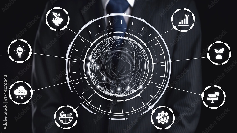 Fototapeta premium ESG icons show environmental impact, social responsibility, and corporate governance. ESG drives sustainability, ESG investment, ESG reporting, and business growth. Gist