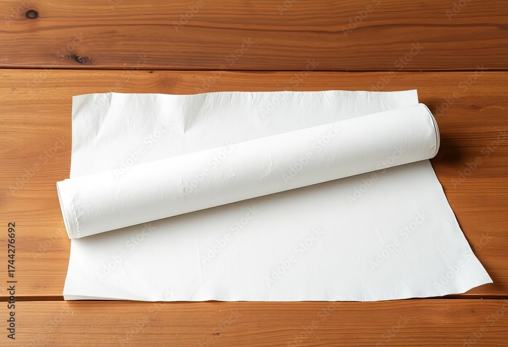 Fototapeta premium Roll of pristine white baking parchment paper, ready for use, ingredients, baking paper