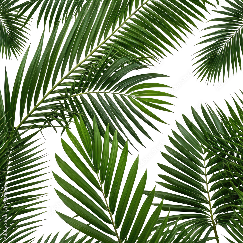 Obraz premium Lush green palm leaves, tropical foliage, dark background