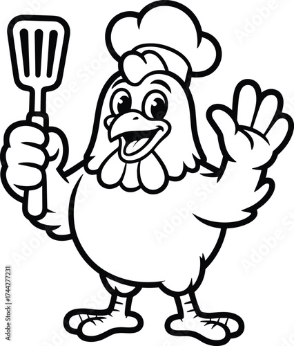 Cartoon chicken chef character holding spatula and waving fowl bird