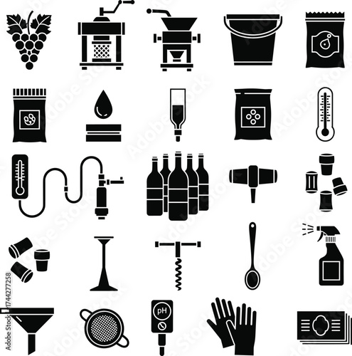 Minimalist Flat Vector Icons of Winemaking Equipment