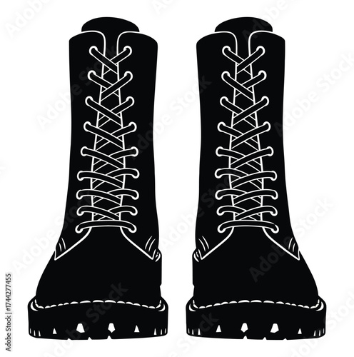 Pair of black combat boots with laces in a vector illustration style view on white background