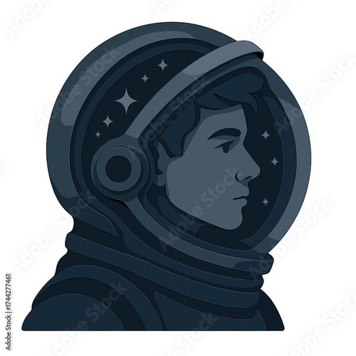 Futuristic astronaut silhouette profile with starry helmet in dimensional dark blue