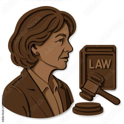 Layered cutout profile of a woman lawyer with books and gavel