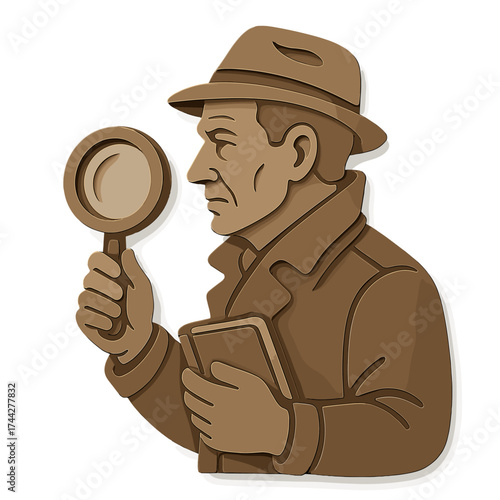 Vintage detective silhouette with magnifying glass in layered brown paper style