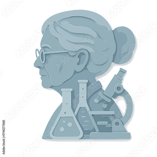 Scientific legacy silhouette: female scientist profile with lab equipment in 3d relief style