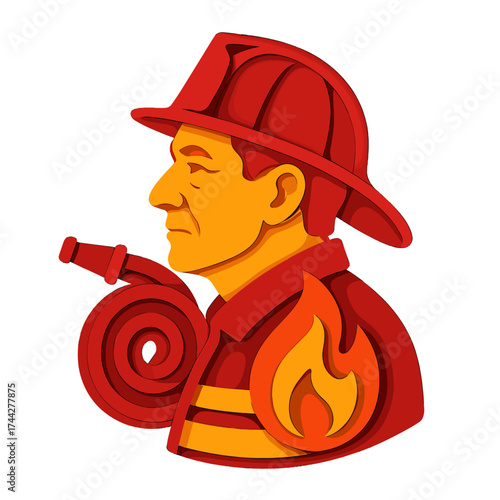 Firefighter icon with red and yellow layered paper art style design
