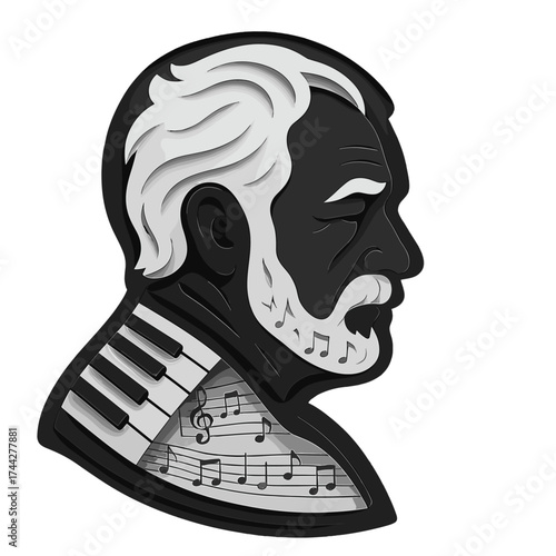 Classical music icon with intricate paper cut portrait of composer in profile
