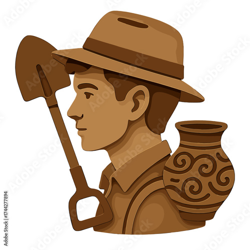 Paper cut art of archaeologist with shovel and ancient pottery