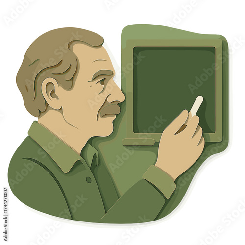 Paper art style teacher holding chalk by chalkboard in classroom setting