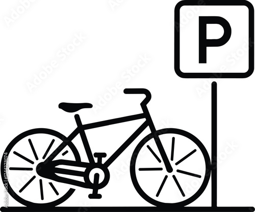 Black bicycle parked next to a white parking sign with a black P bike transport