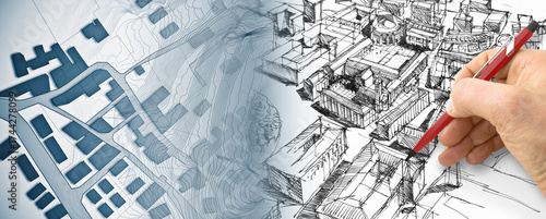 Canvastavla Imaginary cadastral map of territory with buildings, roads and land parcel - con