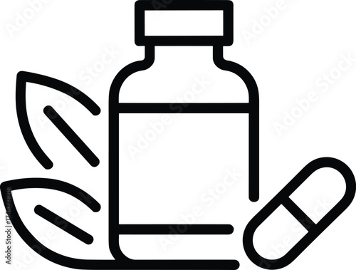 Black outline icon of medicine bottle leaves and capsule pill health
