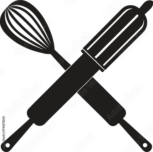 Crossed baking utensils silhouette rolling pin and whisk for cooking