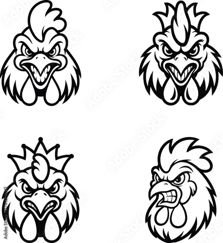 Four black and white cartoon rooster heads with angry expressions chicken bird