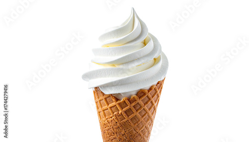 Close-up view of a swirled soft-serve dessert in a waffle cone against a black background