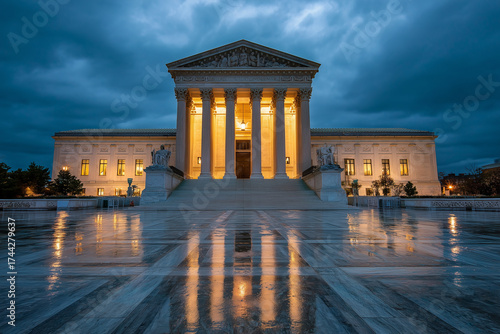 Illuminated U.S. Supreme Court at dusk, neoclassical marble courthouse with towering columns, broad steps and reflections on a rain-wet plaza