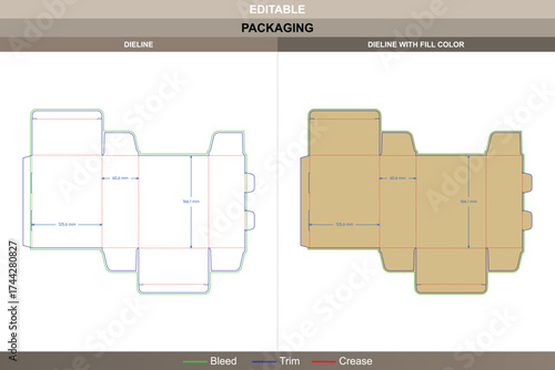 Reverse mortise lock boxes with lock-top dieline, editable packaging template with structural folds and die line layout for secure retail display and professional branding