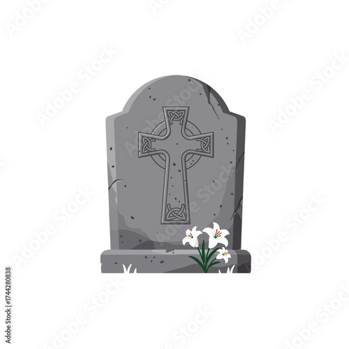 Ancient weathered tombstone with ornate Celtic cross and elegant white lilies marking a sacred grave site for remembrance