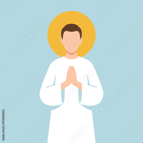 Holy Saint or Jesus Christ vector illustration, spiritual figure praying with golden halo, perfect for All Saints' Day and religious celebrations.