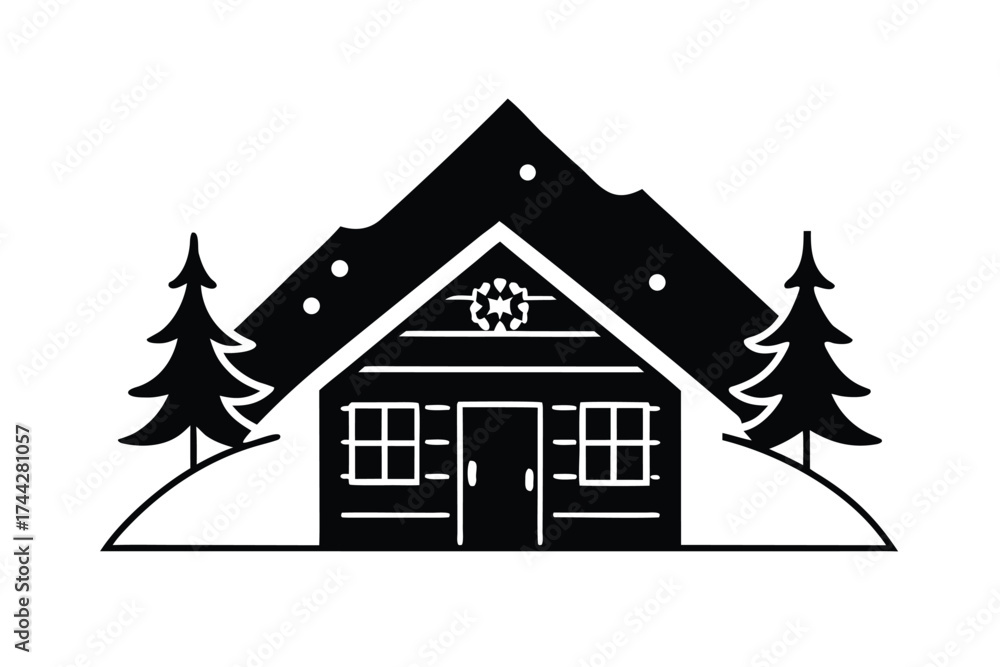 Fototapeta premium snow covered cabin simple line art silhouette vector icon