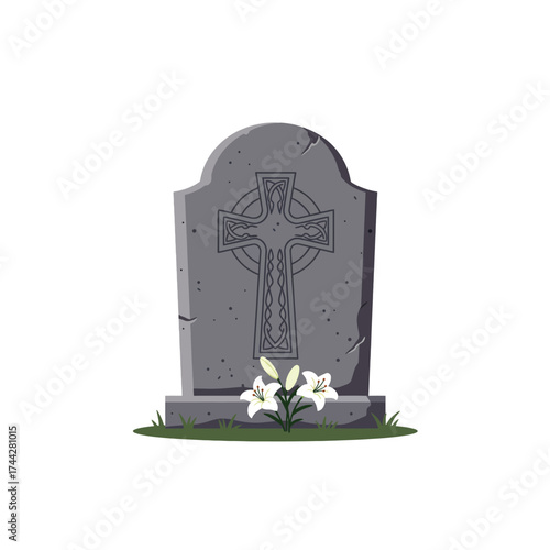 Ancient gray tombstone with a detailed Celtic cross design and peaceful white lily flowers, symbolizing remembrance for All Saints' Day and All Souls' Day