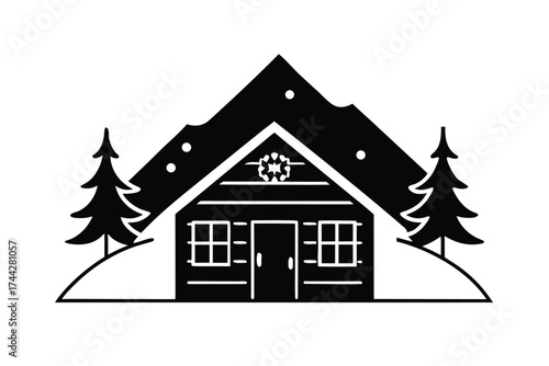 snow covered cabin simple line art silhouette vector icon