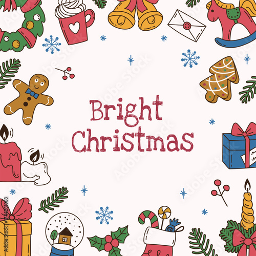 Celebration square card with doodle hand drawn elements and text Bright Christmas on white background. Flat vector illustration. Ideal for social media, poster, invitation, cover